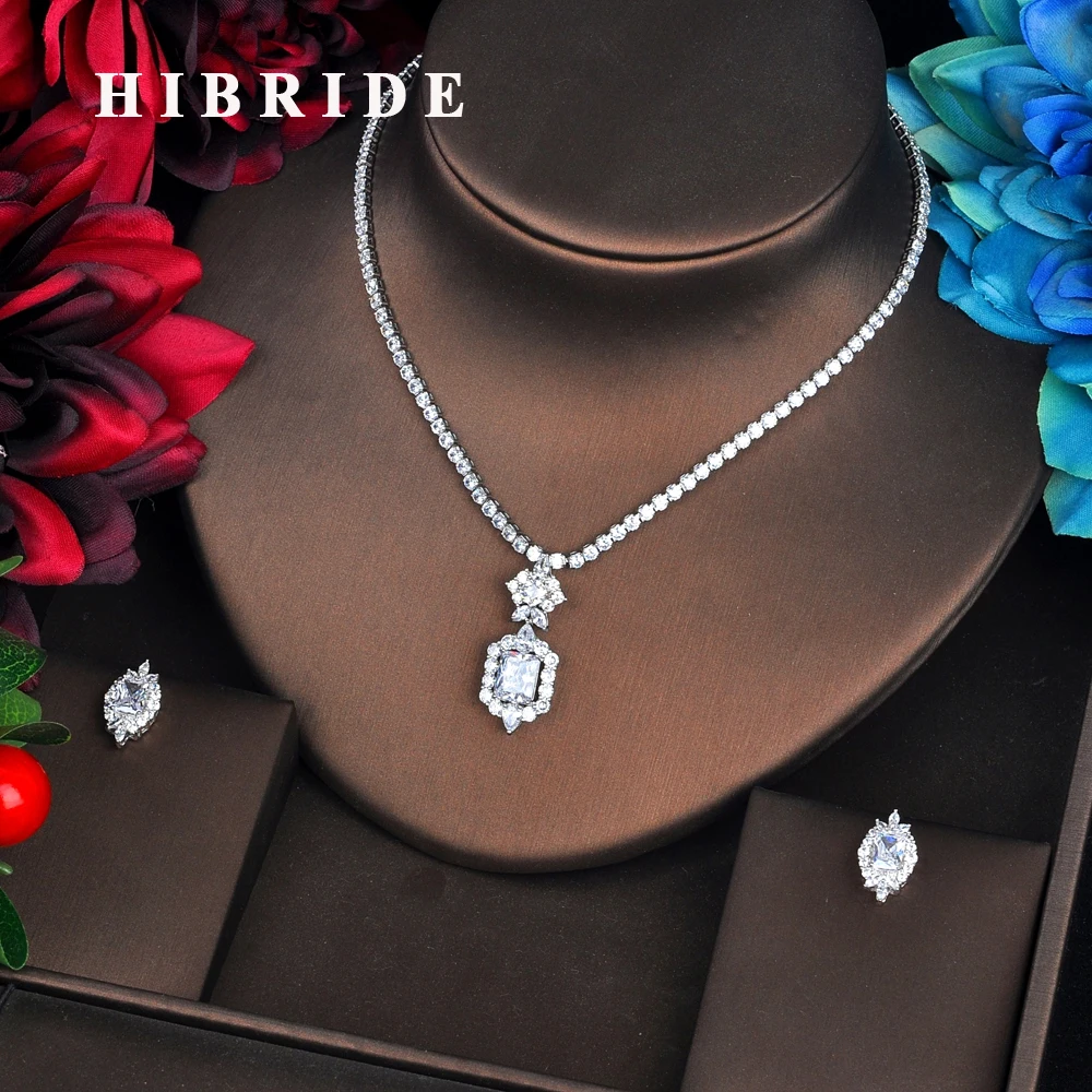 

HIBRIDE Newest Clear CZ Jewelry Sets Brilliant Cubic Zircon Wedding Party Earrings Necklace Jewelry Sets For Heavy Dinner N-578