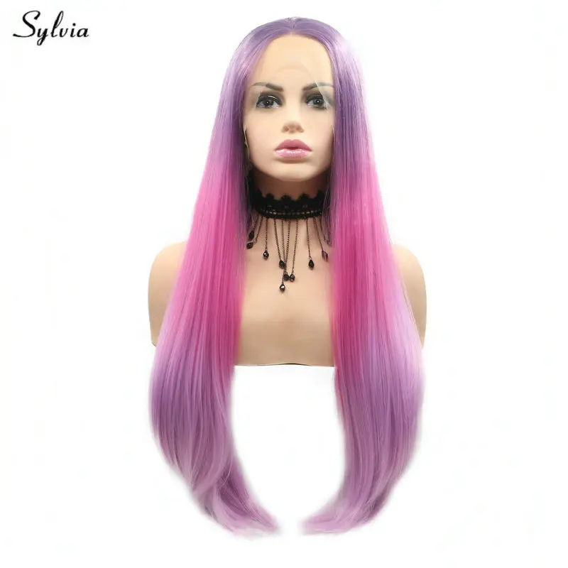 Sylvia Purple Wig Ombre Rose Lavender/Pink Hair Soft Synthetic Hair Straight Lace Front Wig Cosplay Costme Party Hair For Women