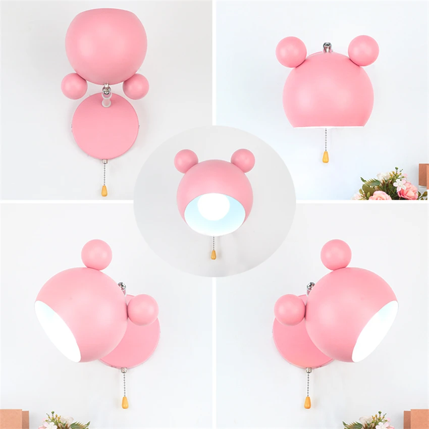 

Pink Mickey Shape Children's Room Wall Lamps Korean Study Aisle Princess Bedroom Sconce Wall Lights Nordic with Switch Fixtures