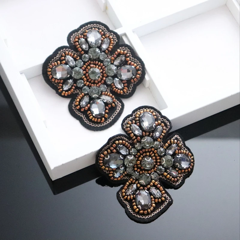 AHYONNIEX Brand Black Luxury Rhinestones Beads Cross Patches for clothes sweater shoes bags patch DIY sew on parch for clothing