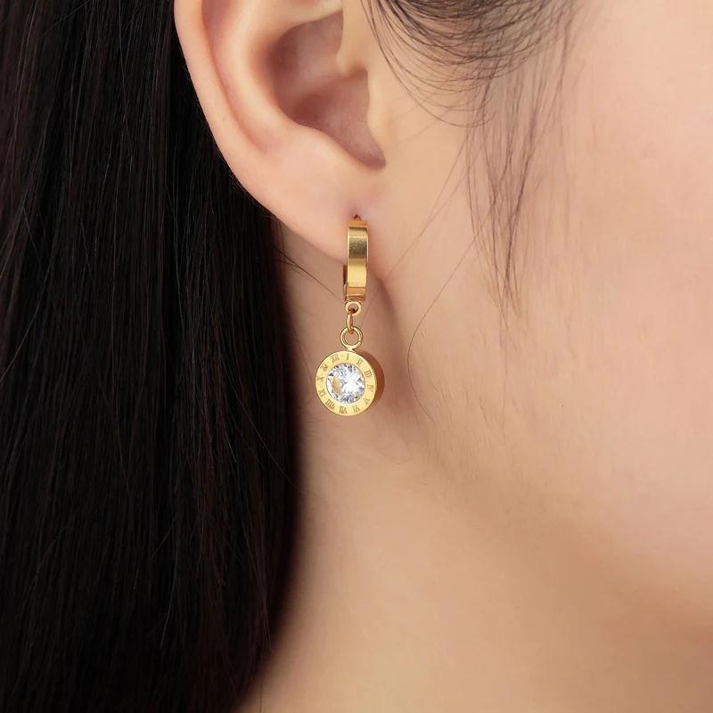 

New Titanium Steel High Quality Beautiful Roman Numeral Gold Color Inlaid 6mm Drop Earrings For Women Best Earring Jewelry Gift
