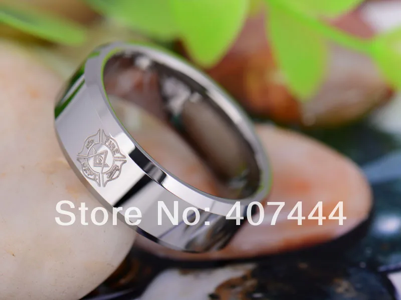 Free Shipping YGK JEWELRY Hot Sales 8MM Polished Silver Beveled Fireman MASONIC Tungsten Carbide Wedding Ring