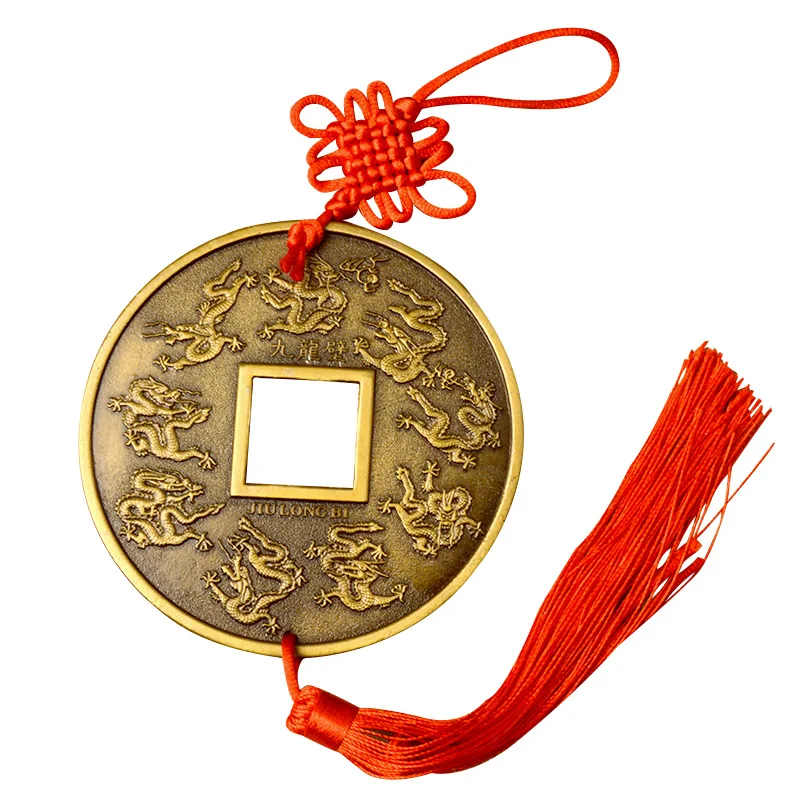 Chinese knot Vintage Lucky Wealth Fortune Fengshui Qing Copper Coins  Amulet of Good Luck Metal Pendant Home Decoration Art 10cm