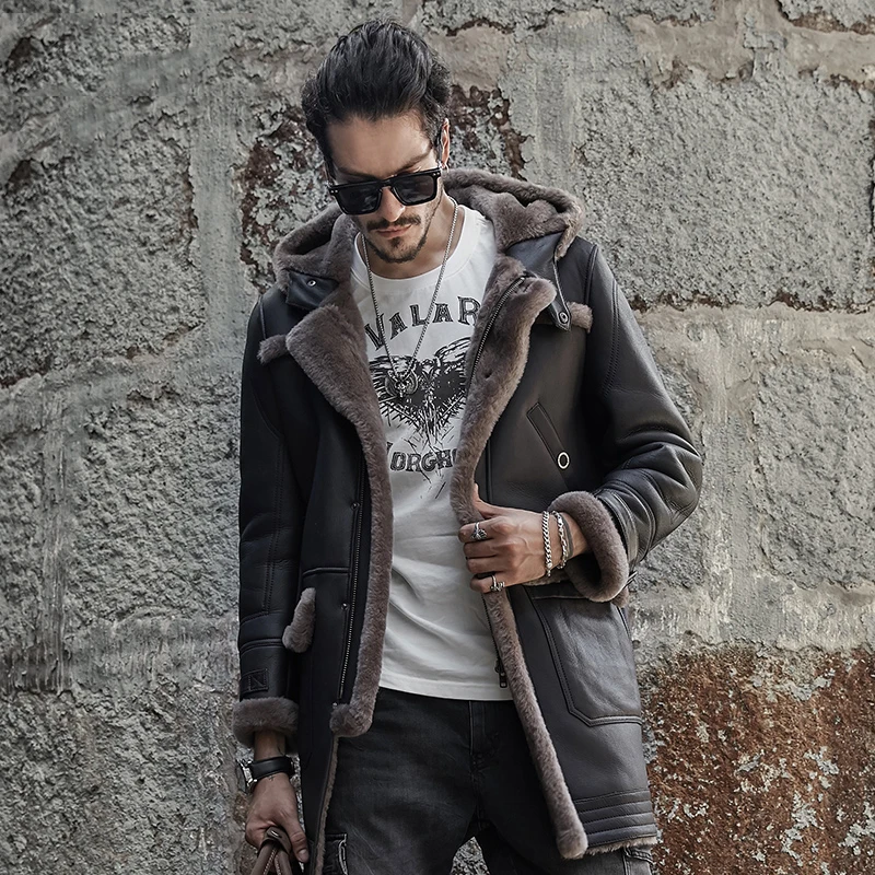 Mens Hooded Sheepskin Shearling Jacket Travel Casual Coat winter Leather jacket Long Style Brown