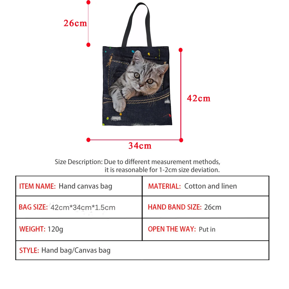 INSTANTARTS Reusable Shopping Bag Casual Linen Tote Bags Girls Canvas Bags Custom Images or Logos Drop Shipping and Wholesale