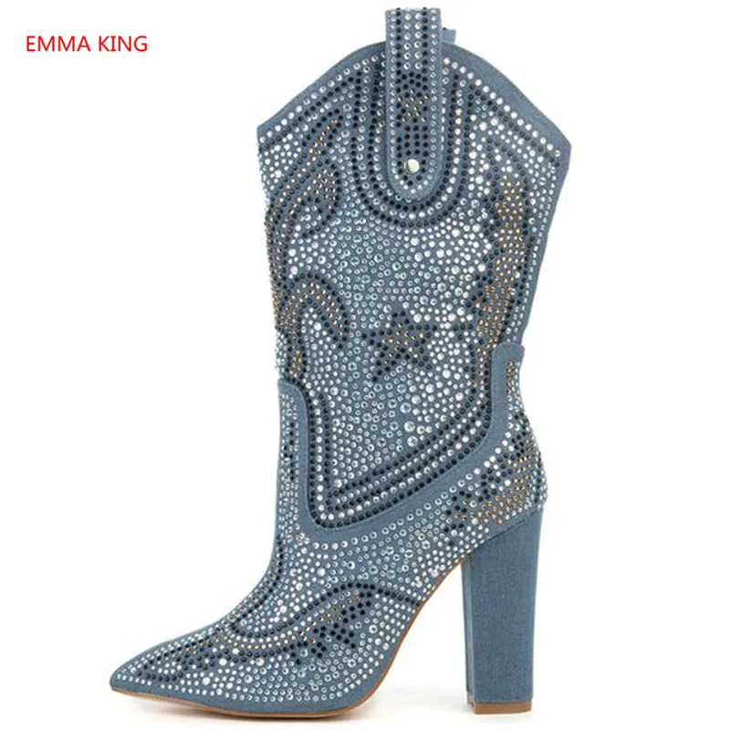 

Fahion Denim Blue Mid Calf Boots Women Crystal Studded Chunky Motorcycle Boots For Women Pointed Toe High Heels Shoes Women 2020