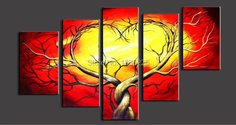 

art supplies handpainted 5 panels wall painting for home decor modern abstract group landscape painting on Canvas heart tree