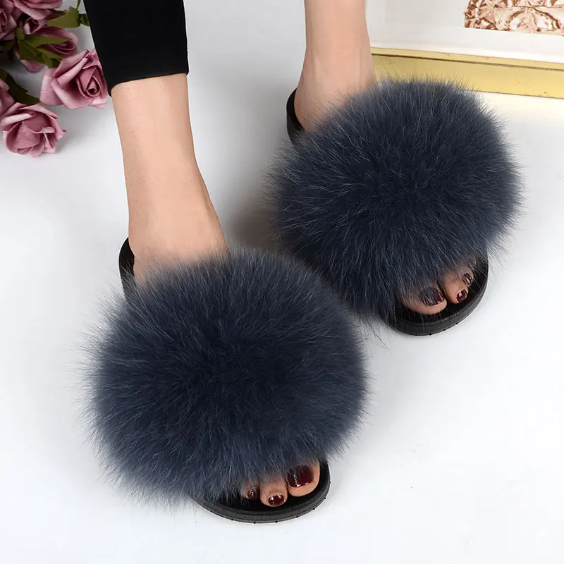 Real Fox Fur Slides Plus Size Summer 2021 Open Toe Fluffy Real Hair Slippers Casual Black Slip On Flip Flops Furry Shoes