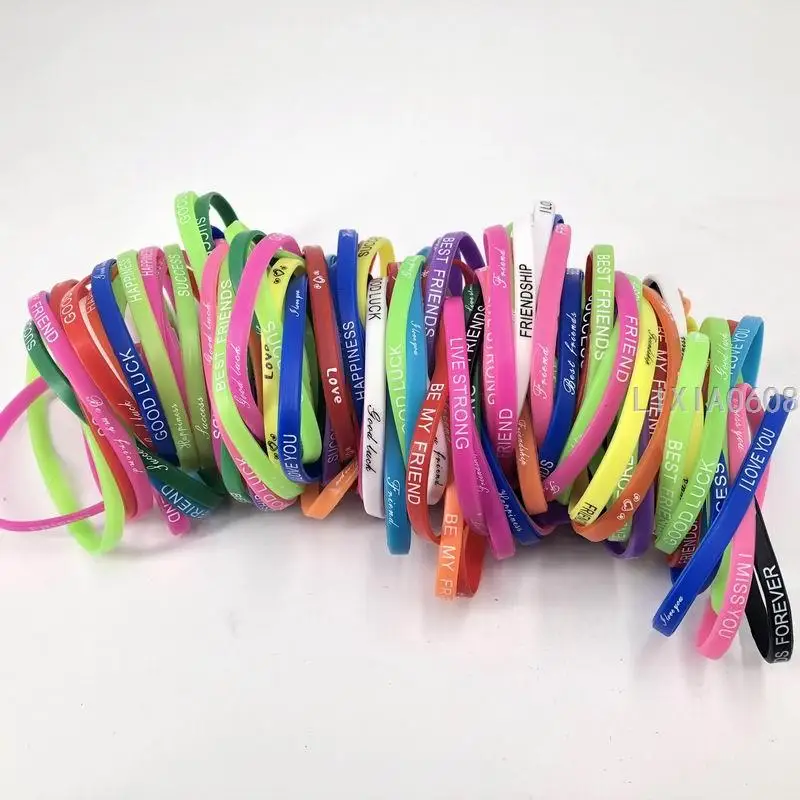 Pack of 200pcs Multicolor Love Friednship Style Wrist Cuff Power Silicone Bracelet elasticity