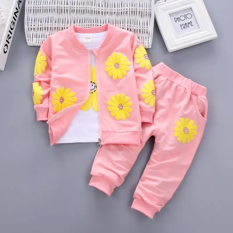 2024 Children\'s Spring Autumn Set Girls Long Sleeve Fashion Printed Zipper Coat +T-shirt+Pants Set Three Piece Infant Set 0-4Y