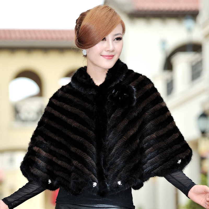 

Winter Women's Real Natural Genuine Knitted Mink Fur Shawls Female Poncho Lady Wraps Cape Batwing Sleeve VF0348