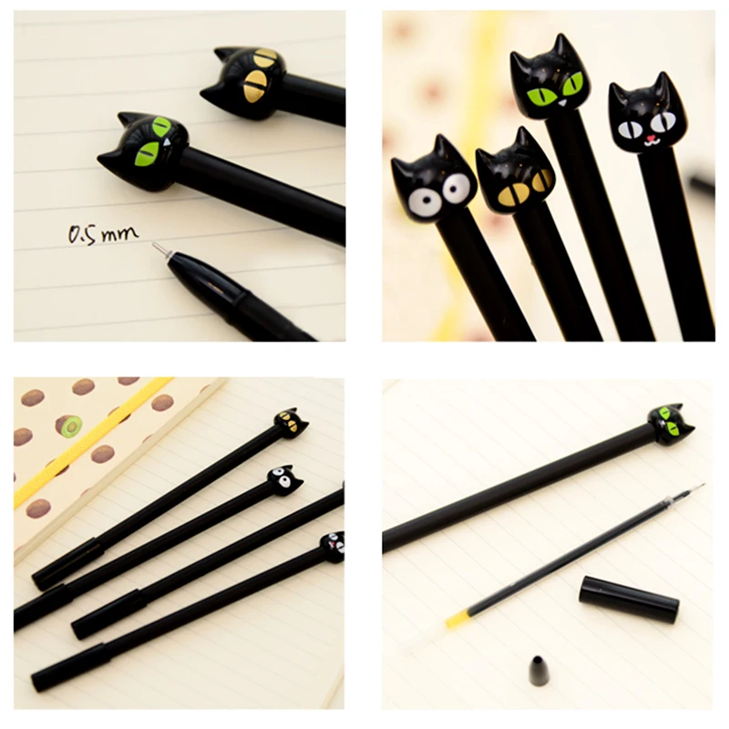 Jonvon Satone 5pcs Black Cat Pen Black Cat Doll Neutral Pen 0.5mm Cartoon Pattern Pen Gel Cute Korean Stationery School Supplies