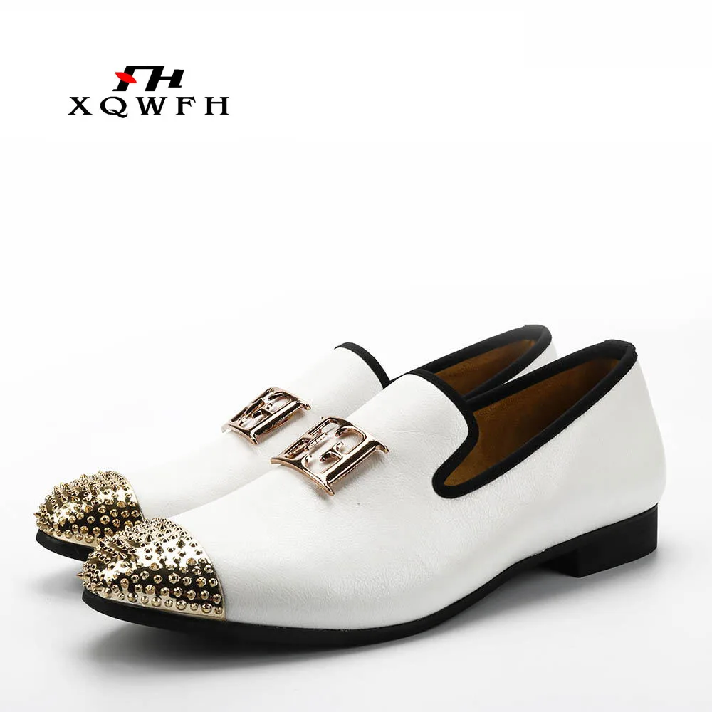 New White Color Men Leather Shoes Men\'s Loafers with Gold Toe and Metal Party Wedding Men Dress Shoes