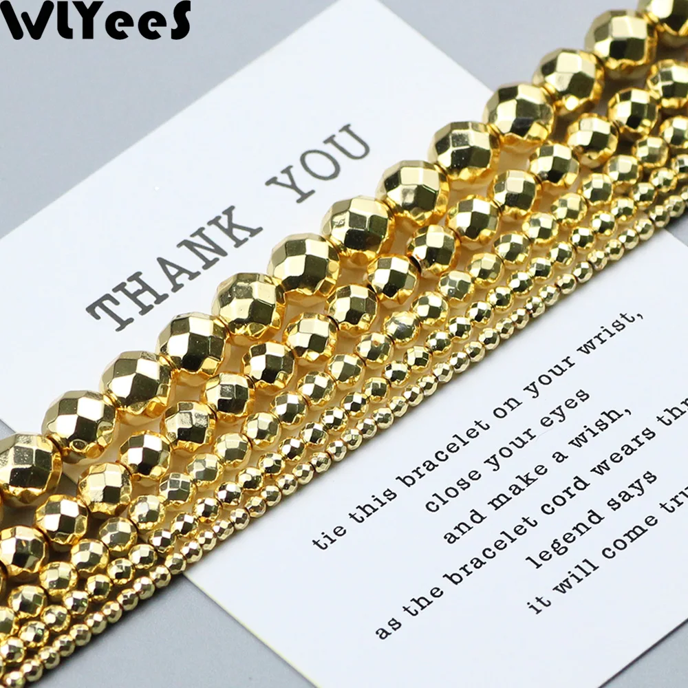 Wlyees 18 gold farbe facettiert runde hämatit perle 2 4 6 8 10mm naturstein lose perlen für diy schmuck herstellung armband halskette