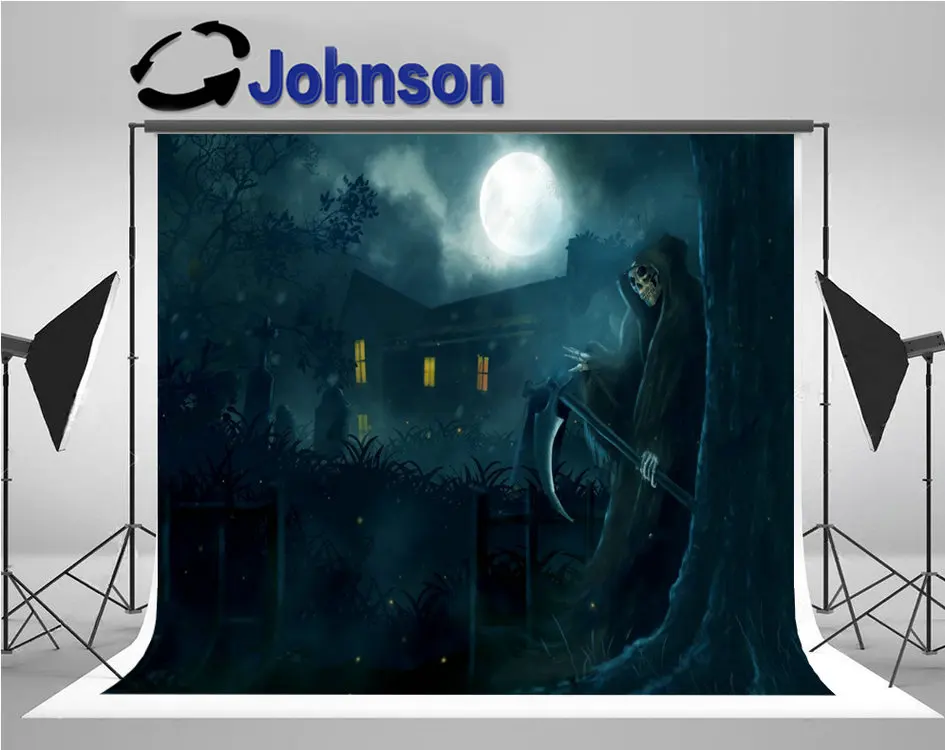 

God Death Grim Sneak Full Moon Night Haunted House skeleton backgrounds Computer print Halloween photo backdrop