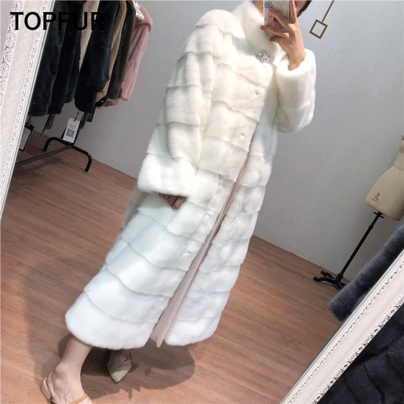 

TOPFUR New Fashion Winter Female Long Coat Real Fur Coat For Women White Natural Mink Fur Outerwear & Coats Basic Jackets