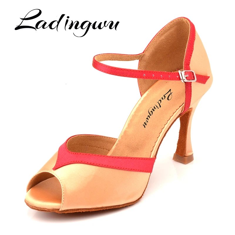 Ladingwu Salsa Dance Shoes Ballroom Dance Shoes Women Apricot Blue Satin  Salsa Latin Tango Dance Shoes Women Soft Bottom