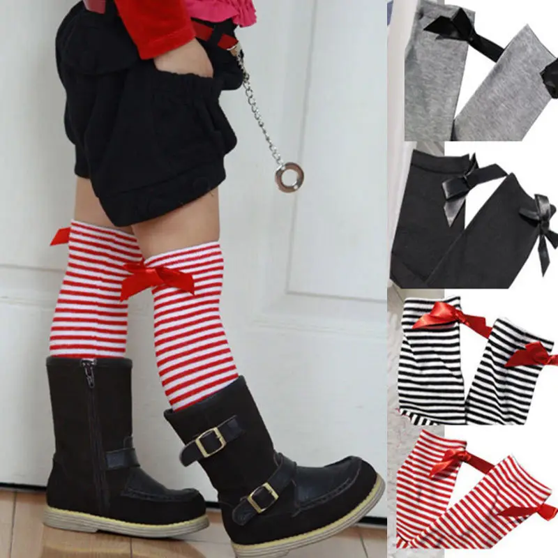 

Girls Knee High Socks with Bow Kids Boot Socks Stripe Cute Princess Long Socks for School Baby Solid Color Leg Warmer Brand