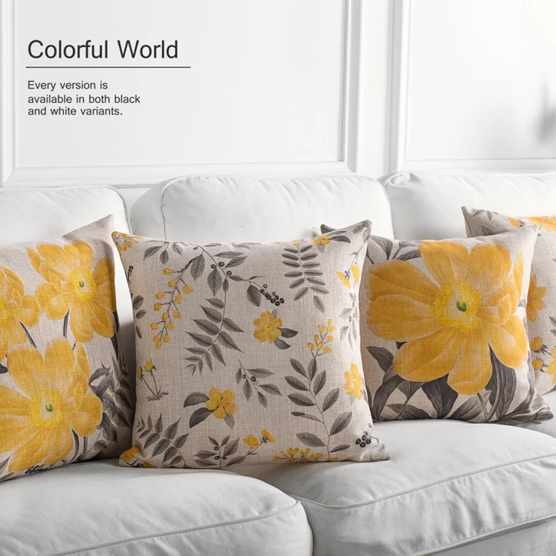 American Rural Yellow Gray Flowers Floral Cushion Pillow Cover Home Decorative PillowCase Office Sofa