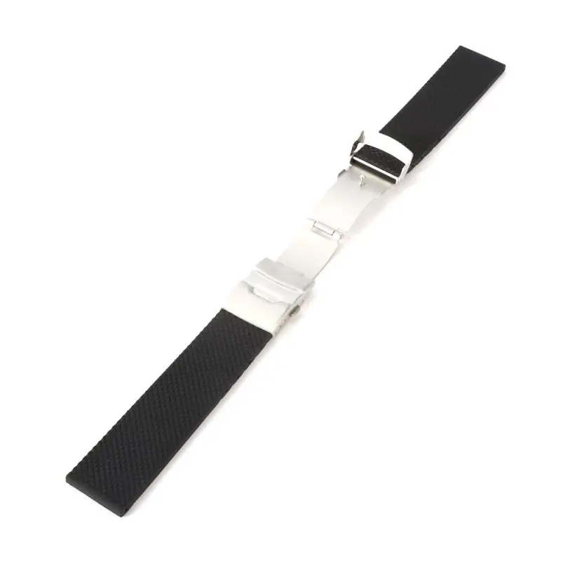 20 22 24mm Silicone Rubber Stainless Steel Double Click Folding Clasp Watch Band Strap Straight End Bracelet Black Watchband