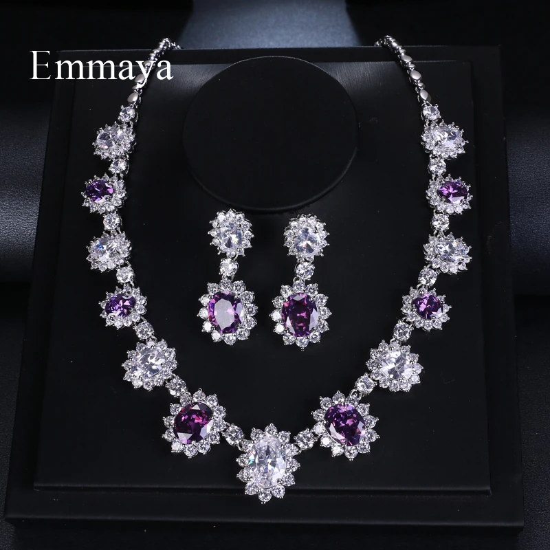 Emmaya Brand Fashion Luxury Cubic Zirconia Bridal Three Colors Jewelry Sets Oval Crystal Party Wedding Jewelry Necklace Sets