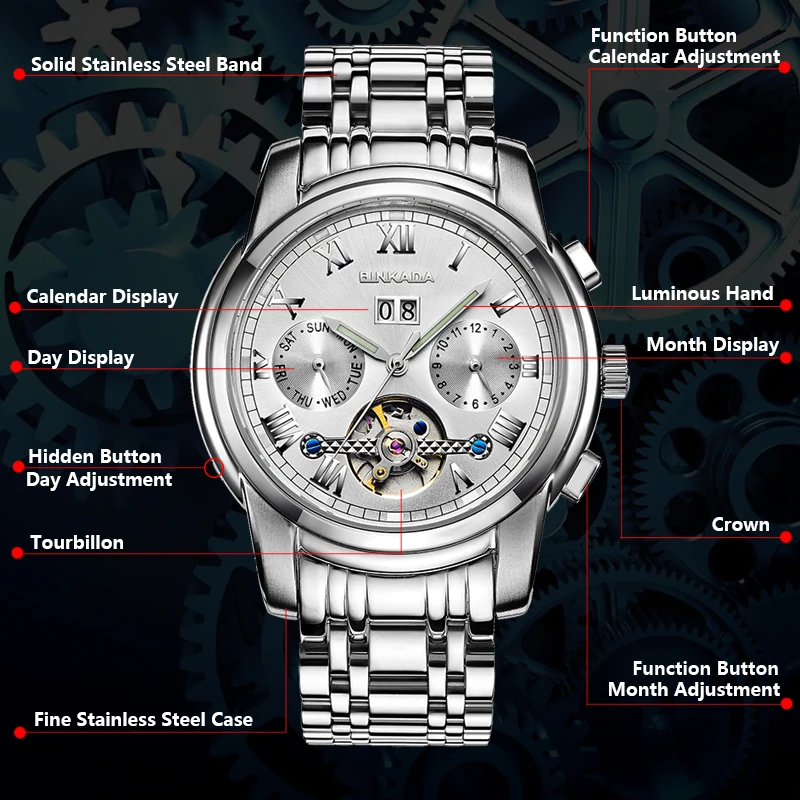 Reloj mecánico automático para hombre, cronógrafo Masculino de lujo, con esqueleto de BINKADA y Tourbillon, con función informal, deportivo, a la moda