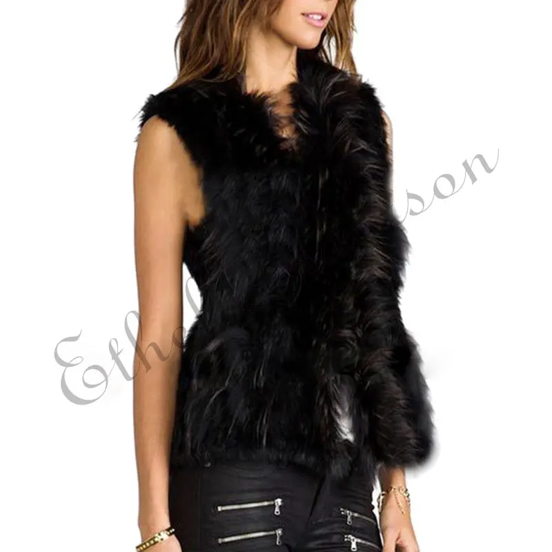 ETHEL ANDERSON Women's Genuine Handmade Knitted Rabbit Fur Vest Fur Collar Gilet Waistcoat for Spring Grass Grey Black Yellow