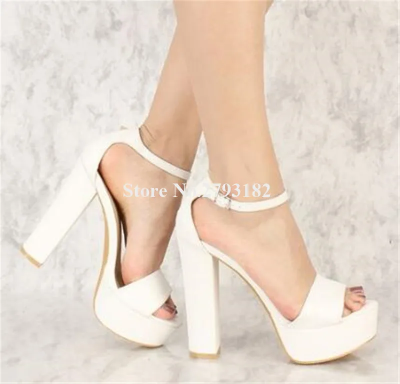 

Elegant Women Fashion Peep Toe Suede Leather Chunky Heel High Platform Sandals White Ankle Strap Buckle Thick High Heel Sandals