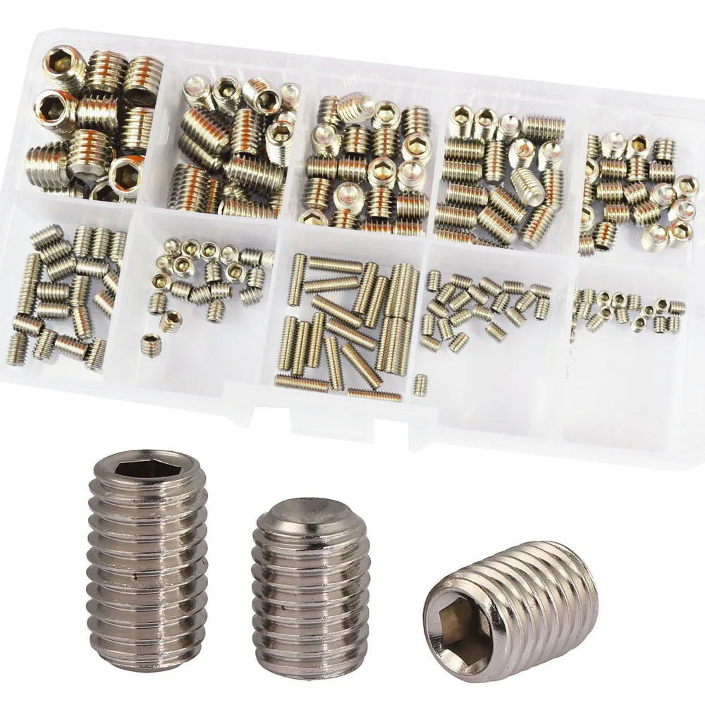 Set Grub Screw Metric Headless Hex Allen Socket Head Bolt Assrotment Kit Set 304Stainless Steel M3 M4 M5 M6 M8