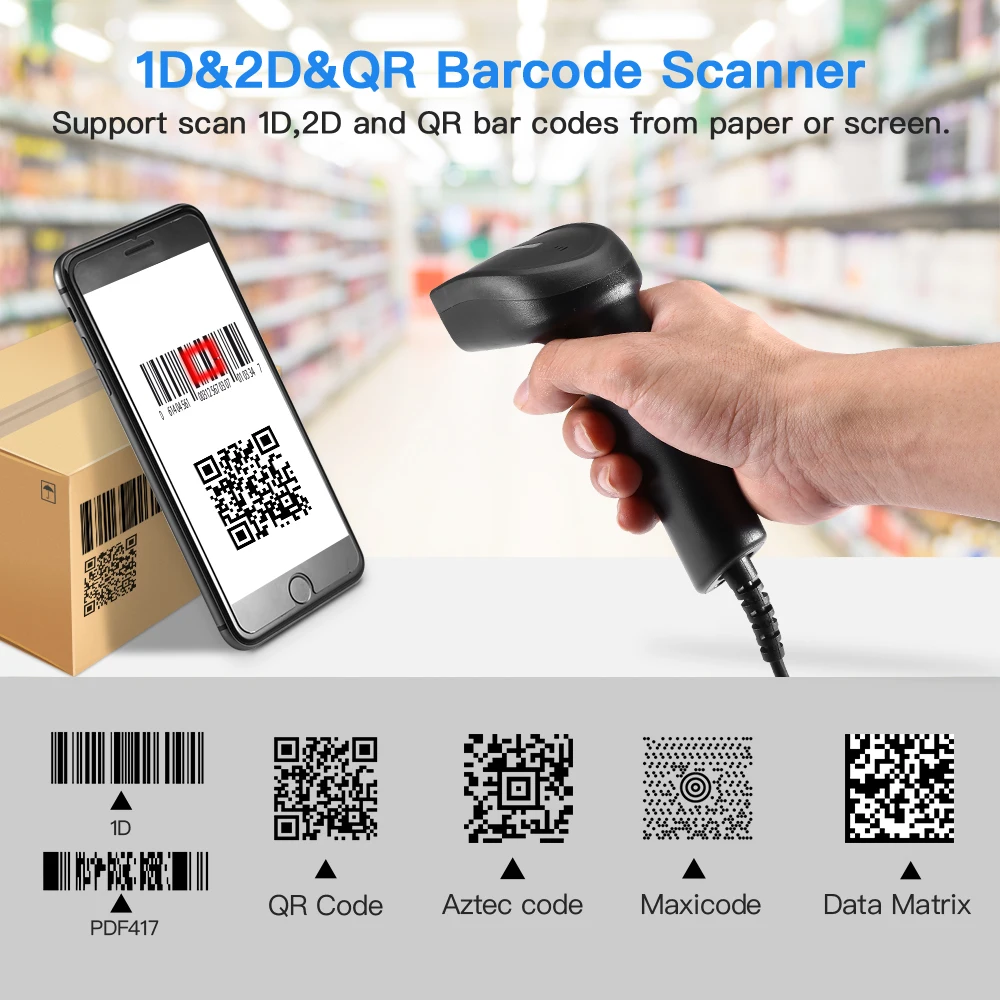 QR Barcode Portable Wired 1D 2D USB Bar Code Reader