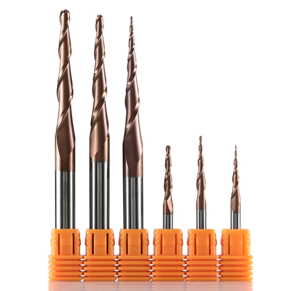 HRC62 Carboneto Sólido Bola Nariz Cônico End Mills CNC Escultura Bit Gravação Bits Roteador Taper Madeira Metal Fresas Endmill