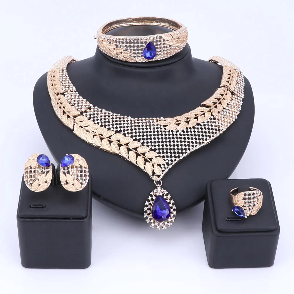 

Bohemia Zircon Crystal Brides Sets Gold Color Necklace Earring Ring Wedding Jewelry For Women Bridal Party Anniversary