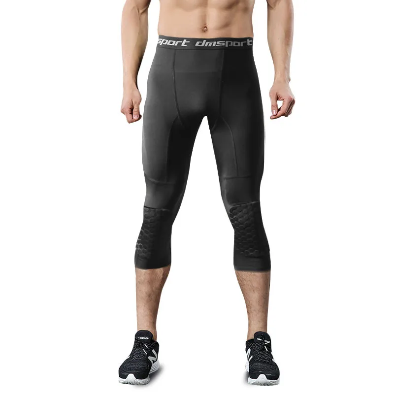 Men's Basketball Padded Three-Quarter Tights Pants with Knee Pads for Men 3/4 Capri Compression Tights Leggings Girdle Training image 4