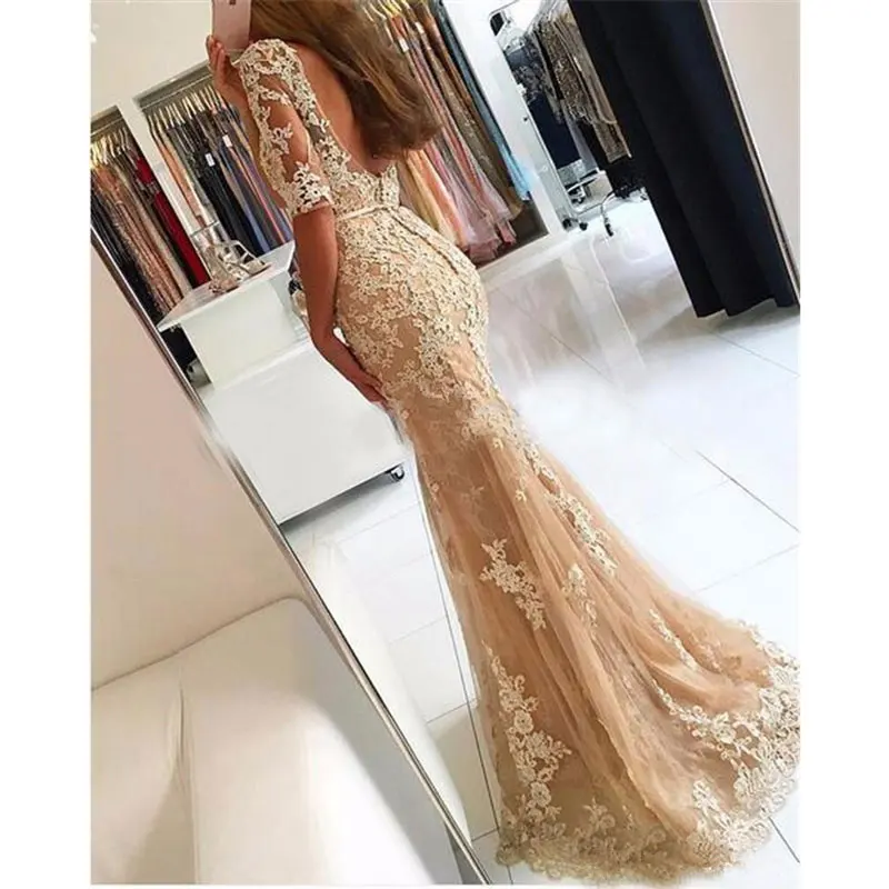 Baru Renda Malam Dresse Formal Setengah Lengan Vestido Noiva Sereia Renda Prom Pesta Robe De Soiree Seksi V- buka Kembali