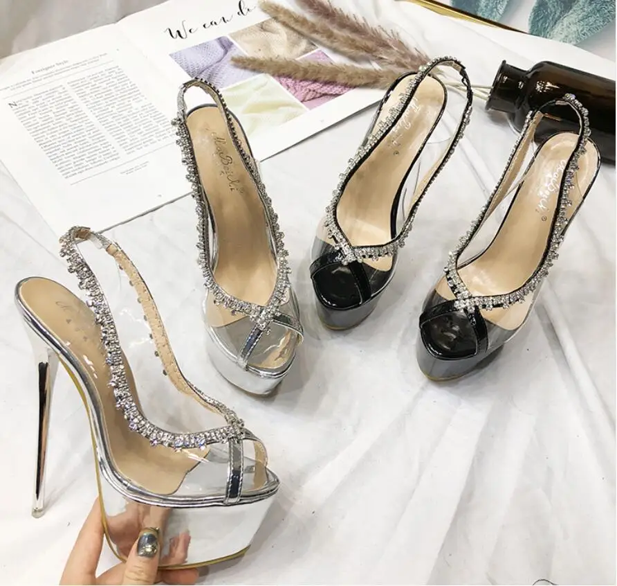 Fashion Women's Summer PVC Rhinestones Tassel High Platform Sandals Peep Toe Crystal Detail Silver Black