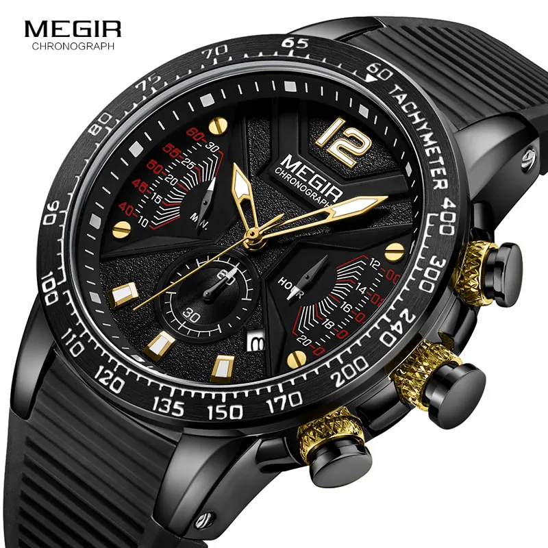 MEGIR Men\'s Army Sport Quartz Watches Silicone Band Chronograph Waterproof Luminous Wristwatch Man Relogios Masculino 2106 Black