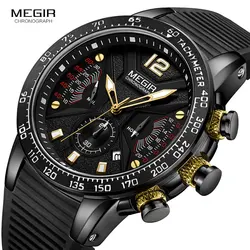 MEGIR Men's Army Sport Quartz Watches Silicone Band Chronograph Waterproof Luminous Wristwatch Man Relogios Masculino 2106 Black