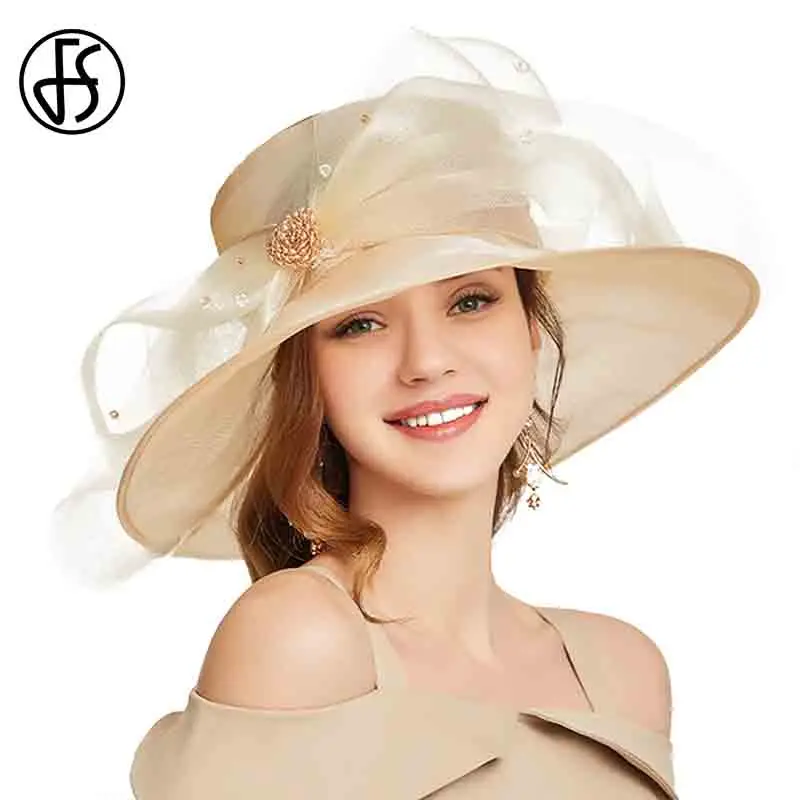 FS Beige White Organza Wide Brim Sun Hats For Women Church Hats Women Elegant Kentucky Derby Hat Ladies Big Bow Fedora