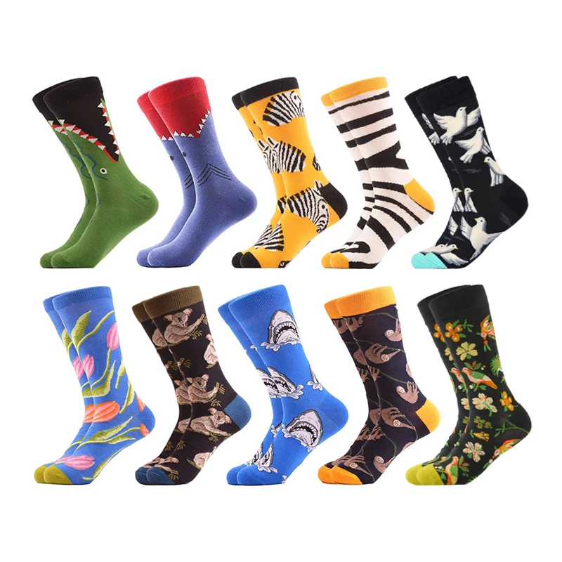 Combed Cotton Men Socks Harajuku Colorful Happy Cartoon Funny Zebra Flamingo Long Warm Dress Socks Male Wedding Christmas Gift