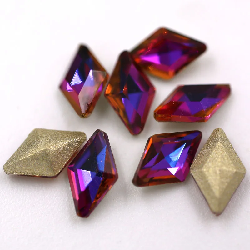 New 5x8mm rhombus shape crystal glass pointback rhinestones Purple blue light glue on rhinestones 50pcs/pack for DIY Nail art