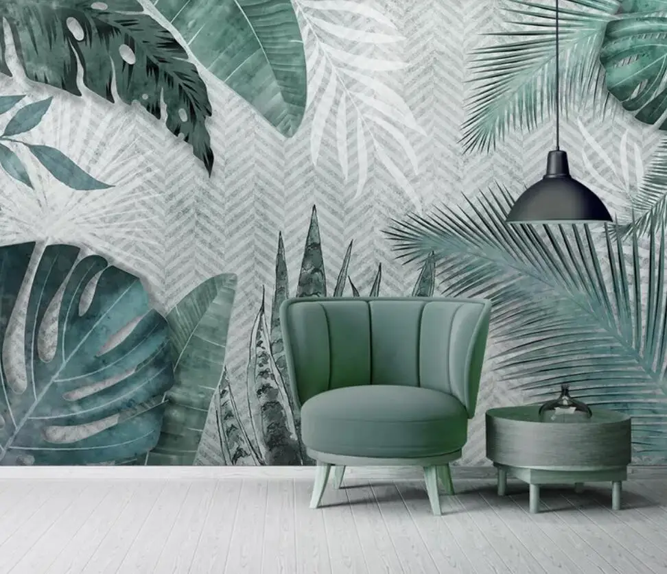 

Nordic contracted hand - painted tropical leaves small fresh bedroom background wall decoration wallpaper murals