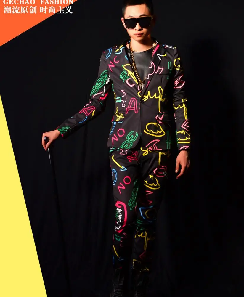 Spring New Men\'s Fashion Slim Jacket Neon Colors Suit Set Coats Singer Stage Costumes Male Pus Size Performance Blazers Clothing