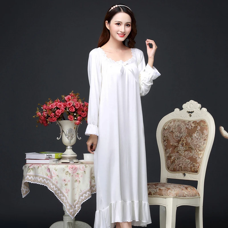 Spring Autumn Cotton Modal Nightdress Nightgown For Women Long Sleeve Loose White Princess Home Wear Sleepwear Sleepdress