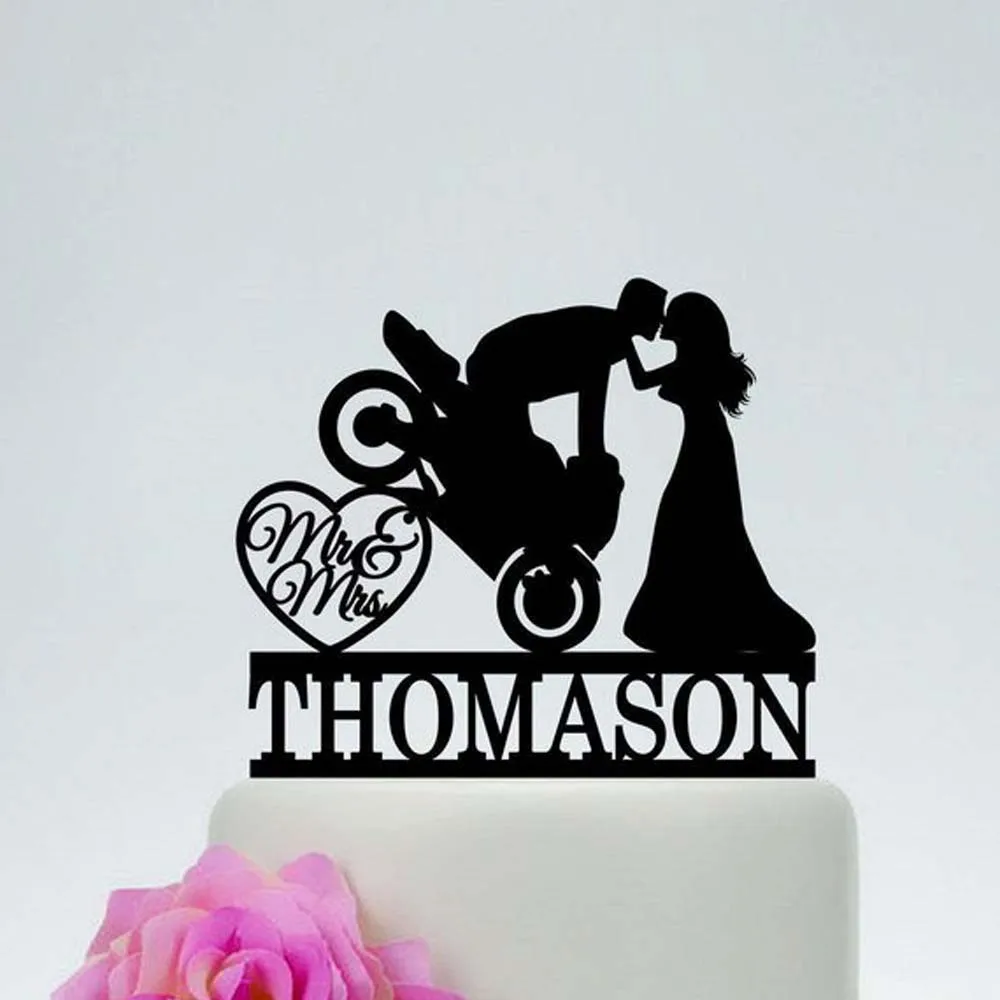 Personalized Motorcycle Wedding Cake Topper,Mr And Mrs with Groom On Motorcycle,Custom Funny Cake Topper,Motorbike Cake Topper