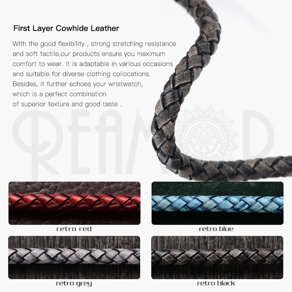 REAMOR 1M Retro Red Gray Black First Layer Cowhide Leather Rope 6mm Matte Genuine Braided Cord For DIY Bracelets Jewelry Making