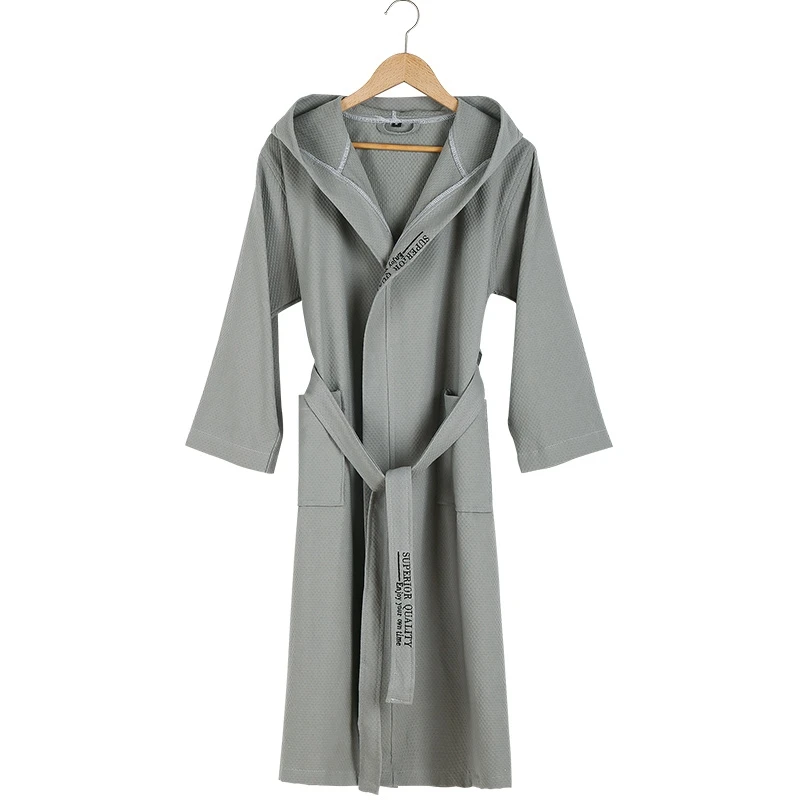 Summer Waffle Bathrobes Men Lovers  Hooded 100% Cotton Suck Water Kimono Nightgowns Plus Size XXL Spa Bath Robe Spring Autumn