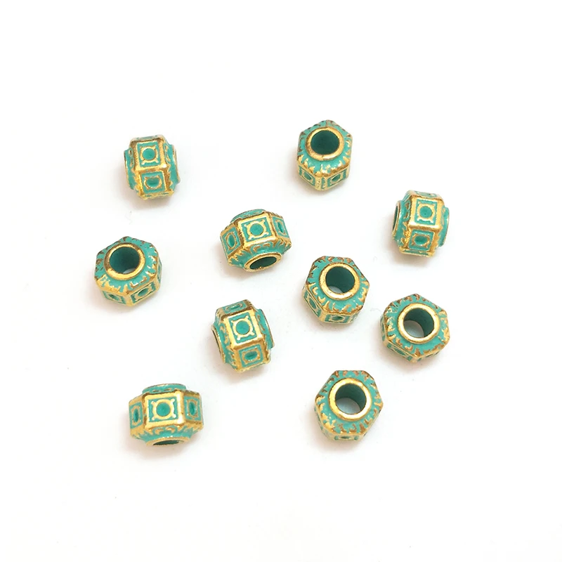 New 10pieces 10mm Retro Zinc Alloy Green Round Big Hole Polygon Interval Beads for DIY Bracelet Jewelry Accessories