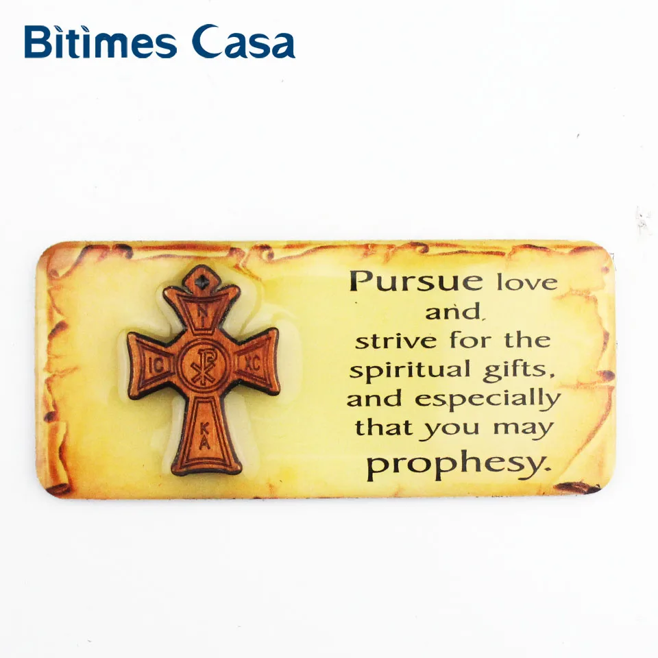 Bitimes 2 Pieces/Lot Epoxy Fridge Magnets The Bible Brown Wood Cross Magnetic Refrigerator Sticker With Wisdom Words Aimant