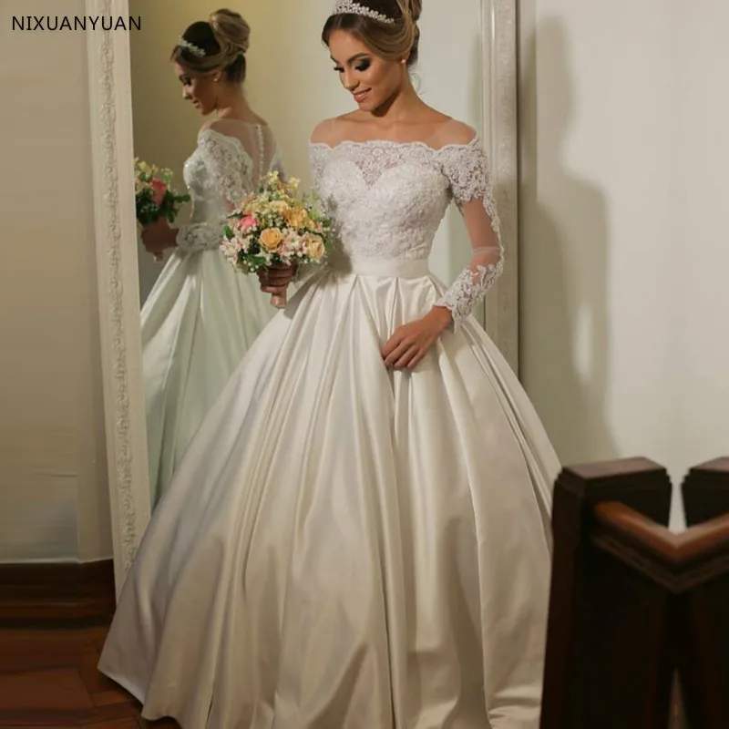 Vestido De Noiva Ball Gown Long Sleeve Lace Applique Bridal Gowns Button Back Robe De Soiree Satin Princess Wedding Dress