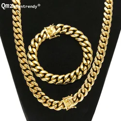 8mm/10mm/12mm/14mm Stainless Steel Miami Cuban Chain Necklace Bracelet Boy Men Fashion Dragon Lock Clasp Hip hop Jewelry Set